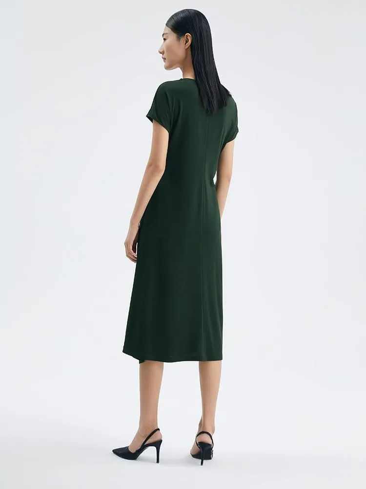 Triacetate Asymmetrical Pleated Gathered Waist Midi Dress