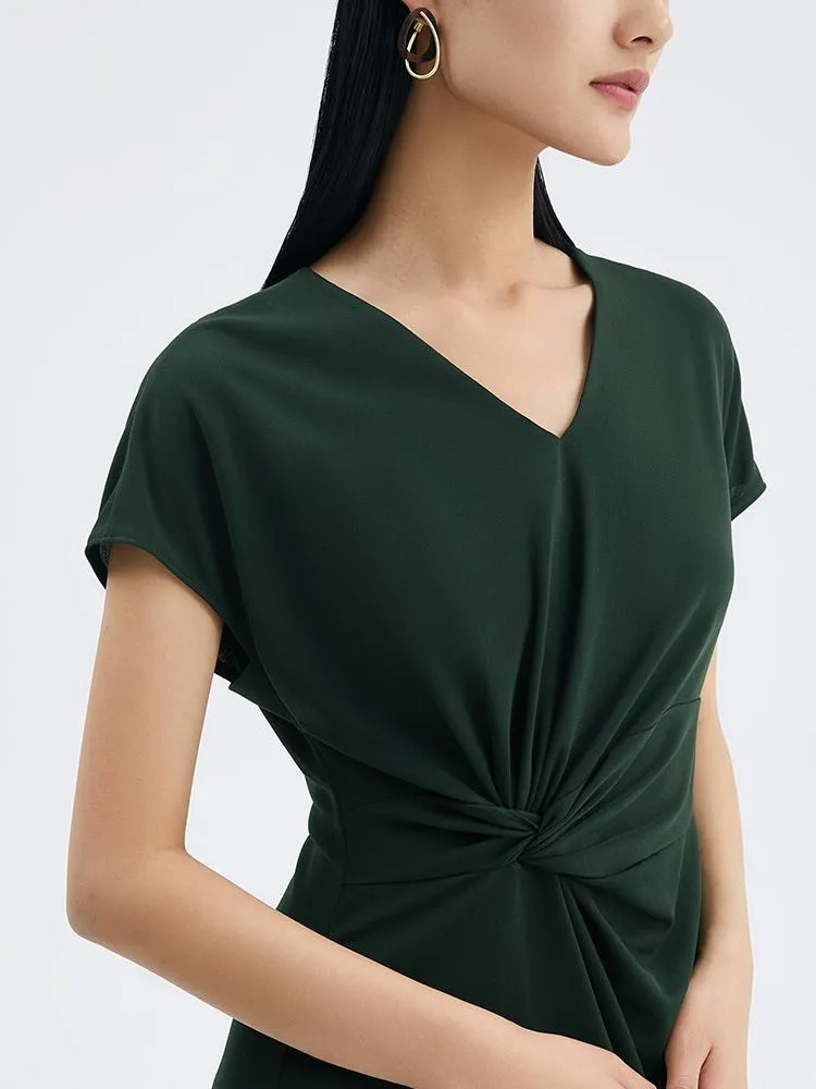 Triacetate Asymmetrical Pleated Gathered Waist Midi Dress