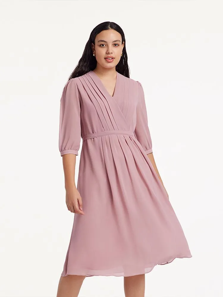 V-Neck Pleated Lace Up Wrap Midi Dress