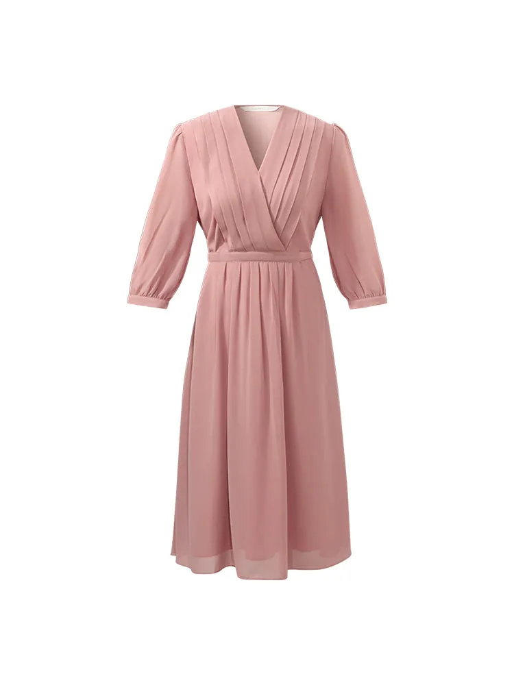 V-Neck Pleated Lace Up Wrap Midi Dress