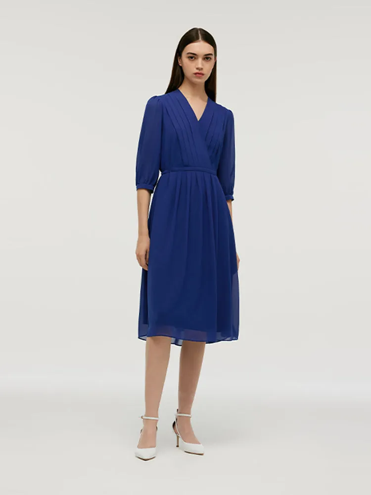 V-Neck Pleated Lace Up Wrap Midi Dress