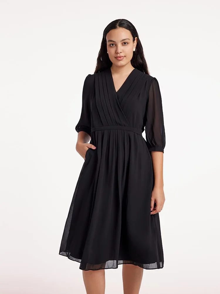 V-Neck Pleated Lace Up Wrap Midi Dress