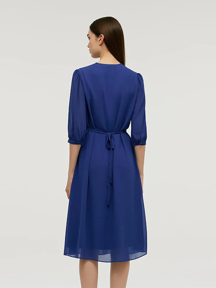 V-Neck Pleated Lace Up Wrap Midi Dress