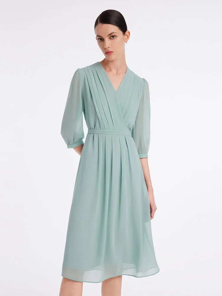 V-Neck Pleated Lace Up Wrap Midi Dress