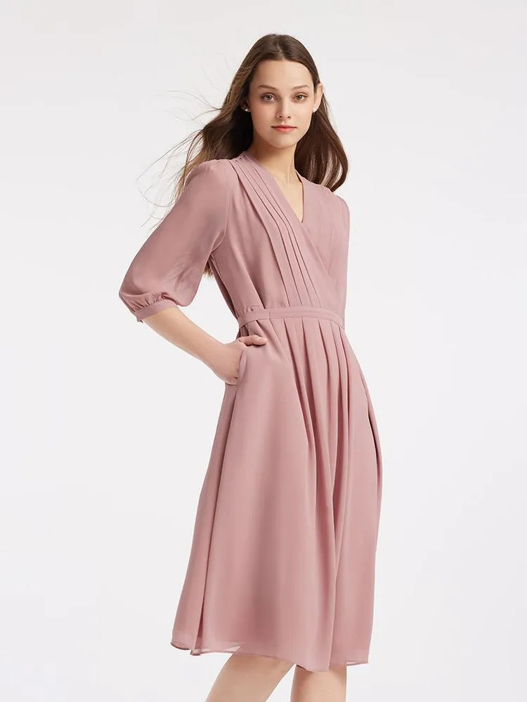 V-Neck Pleated Lace Up Wrap Midi Dress