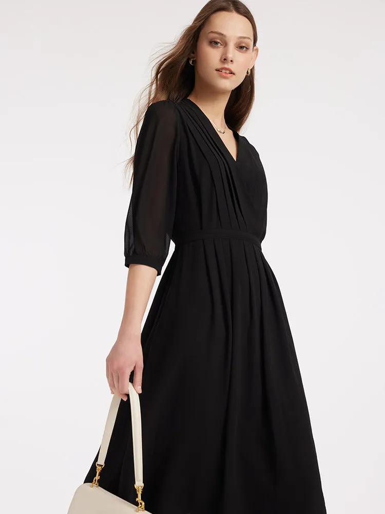 V-Neck Pleated Lace Up Wrap Midi Dress