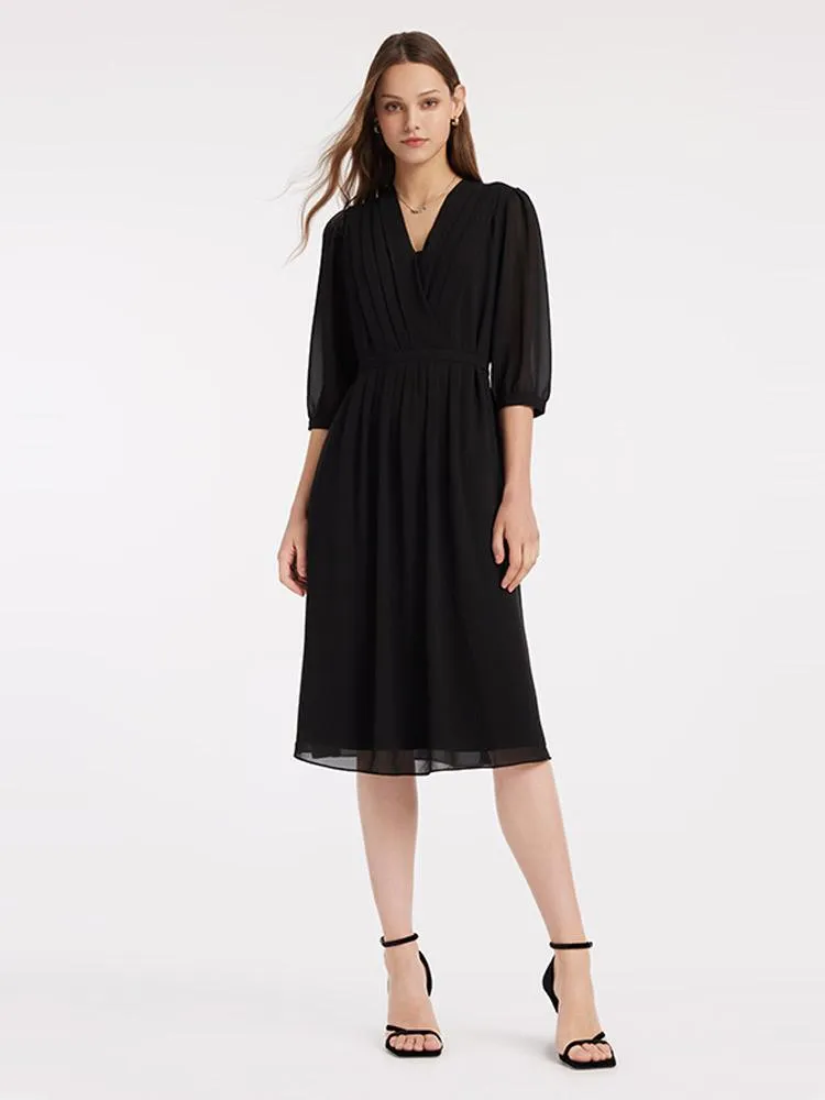 V-Neck Pleated Lace Up Wrap Midi Dress