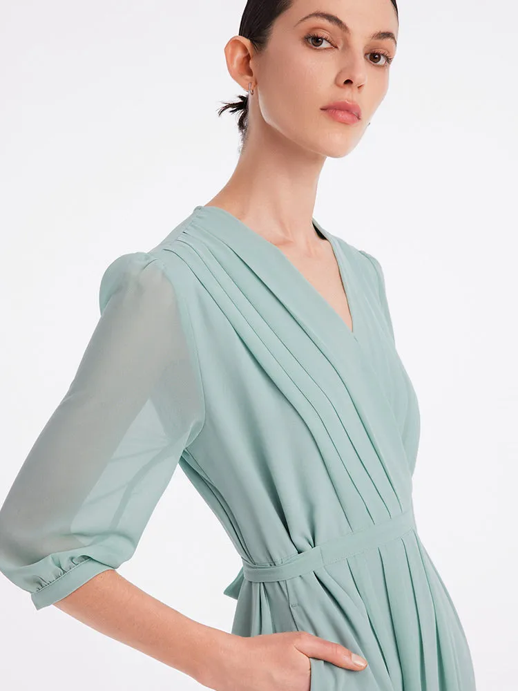 V-Neck Pleated Lace Up Wrap Midi Dress