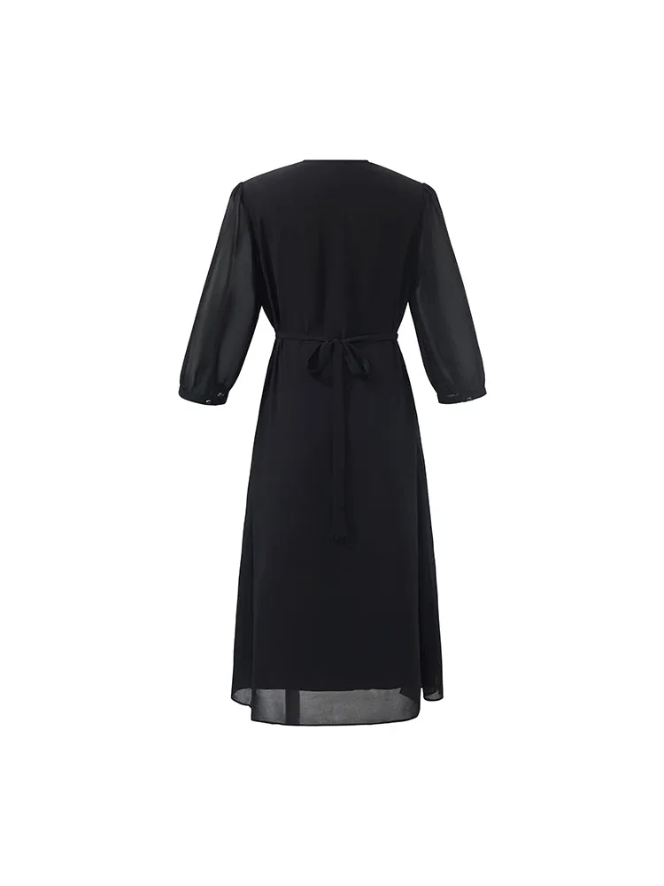V-Neck Pleated Lace Up Wrap Midi Dress