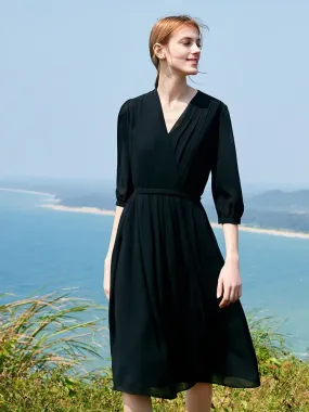 V-Neck Pleated Lace Up Wrap Midi Dress V-Neck Pleated Lace Up Wrap Midi Dress