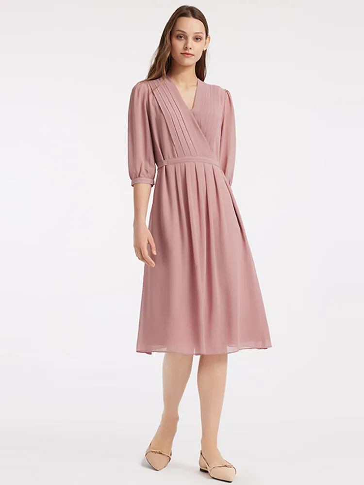 V-Neck Pleated Lace Up Wrap Midi Dress