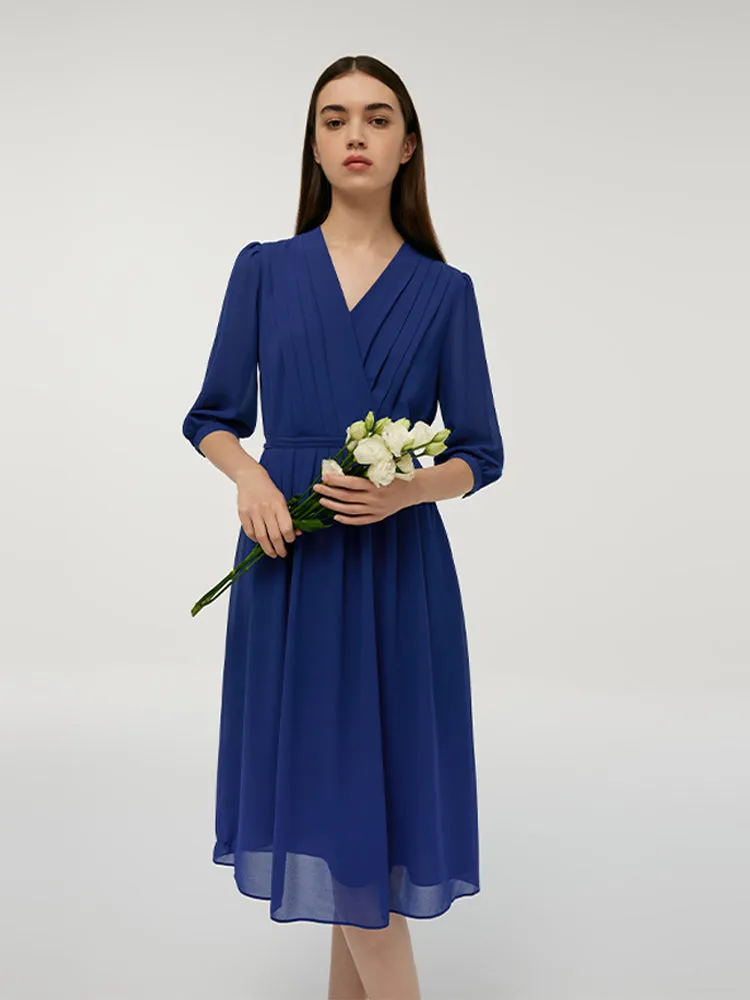V-Neck Pleated Lace Up Wrap Midi Dress