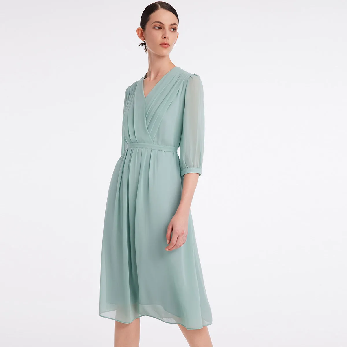V-Neck Pleated Lace Up Wrap Midi Dress