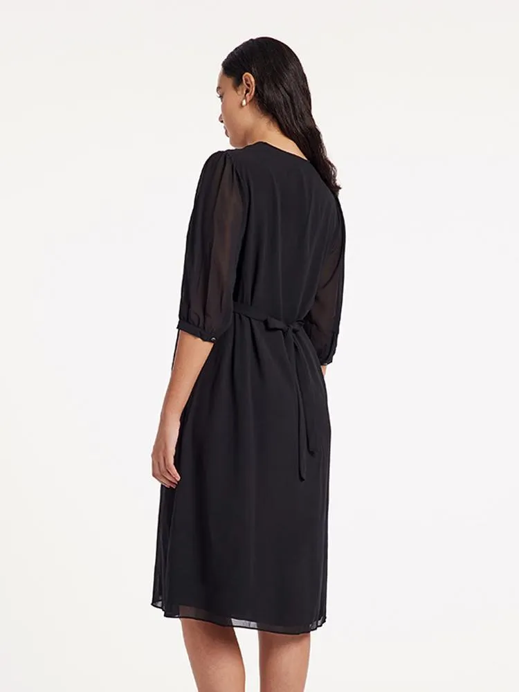 V-Neck Pleated Lace Up Wrap Midi Dress
