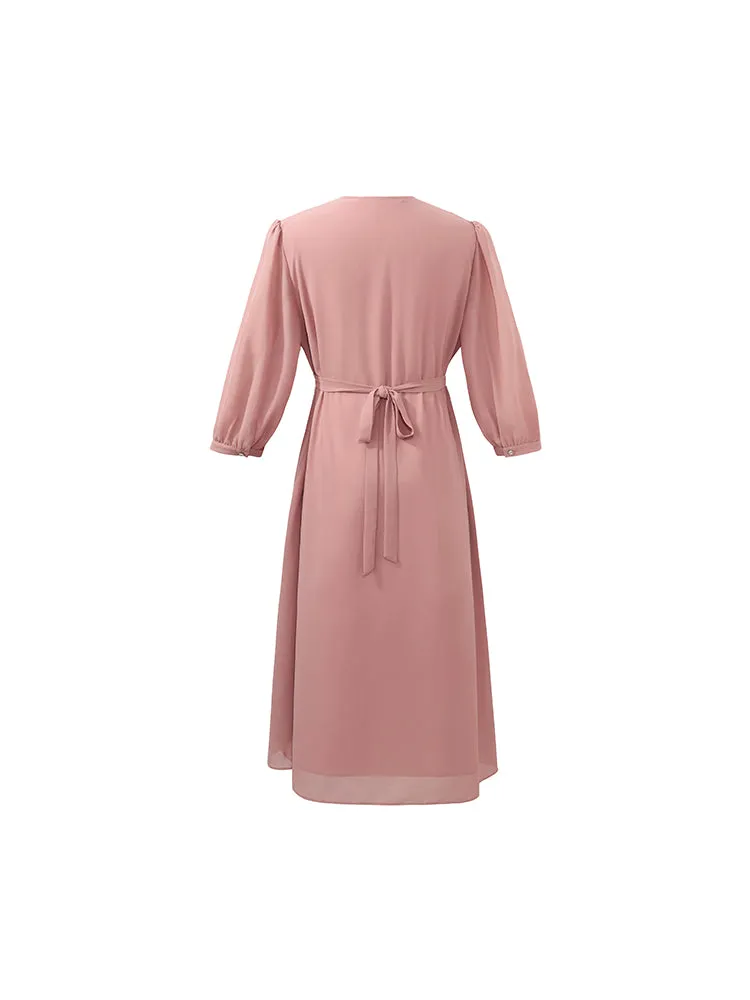V-Neck Pleated Lace Up Wrap Midi Dress