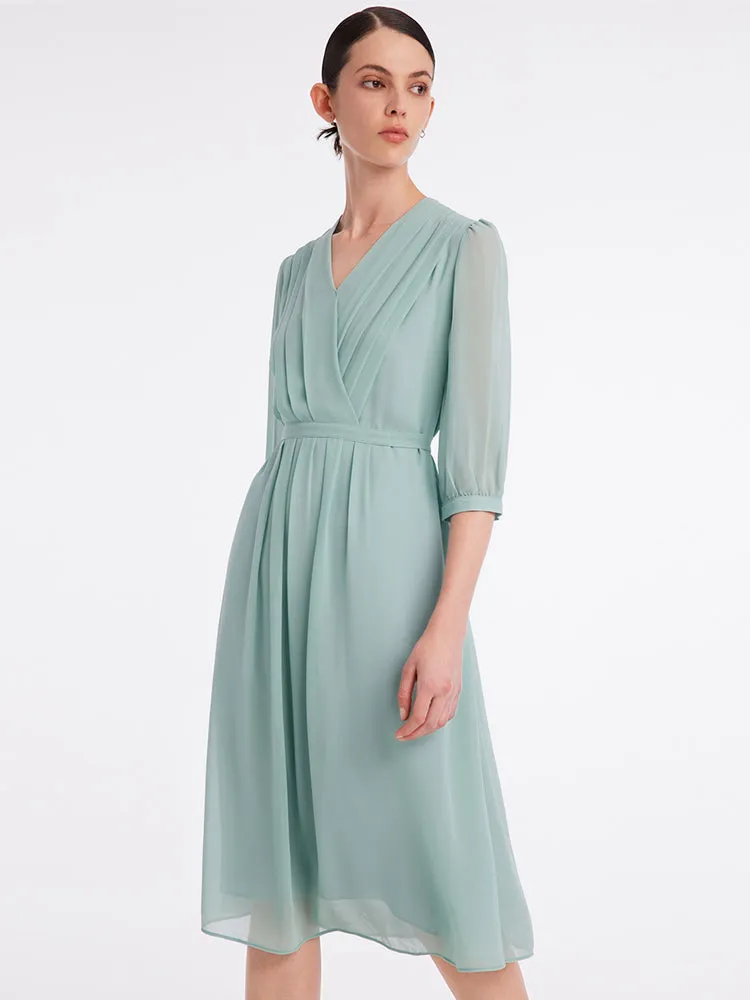V-Neck Pleated Lace Up Wrap Midi Dress