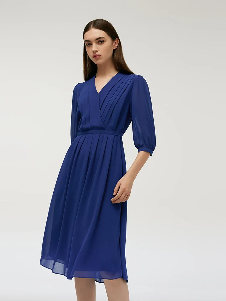 V-Neck Pleated Lace Up Wrap Midi Dress