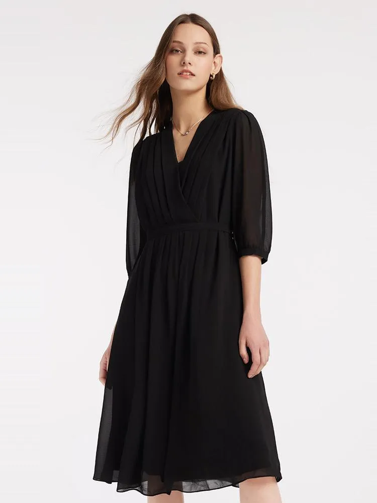 V-Neck Pleated Lace Up Wrap Midi Dress