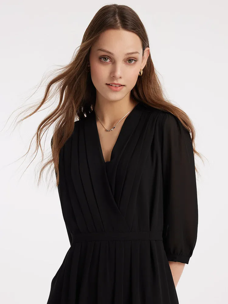 V-Neck Pleated Lace Up Wrap Midi Dress