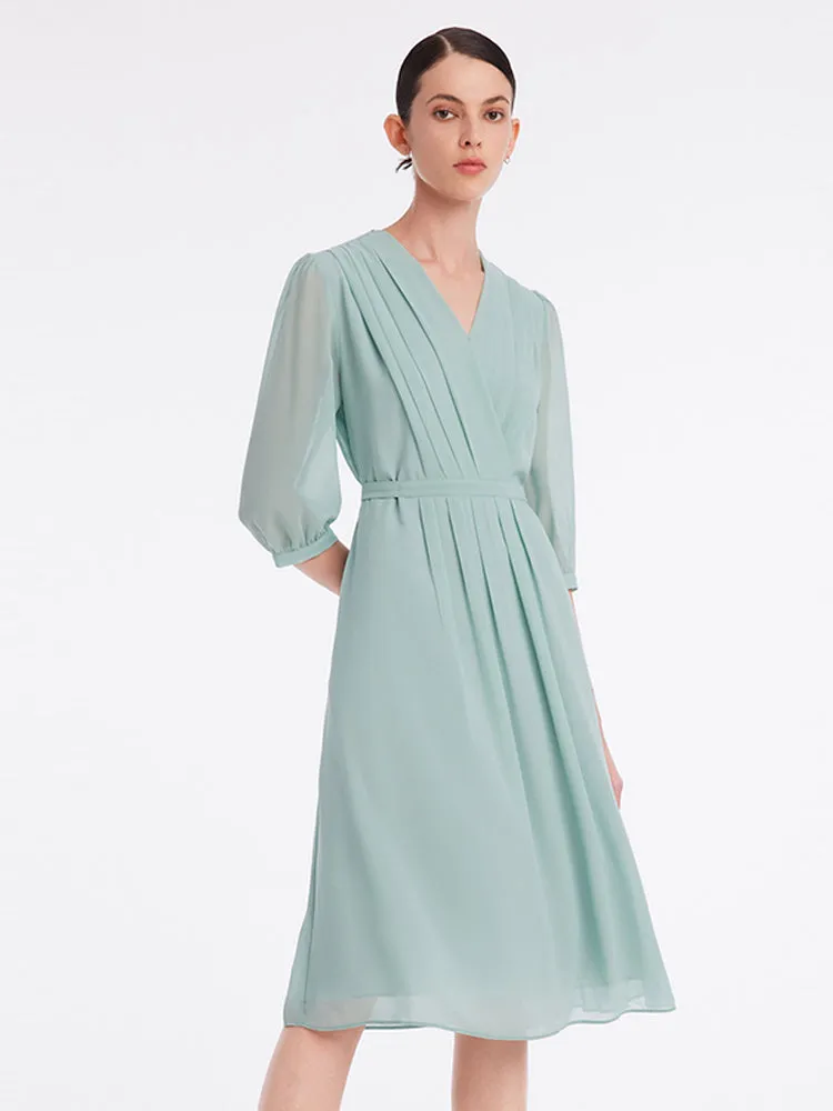 V-Neck Pleated Lace Up Wrap Midi Dress