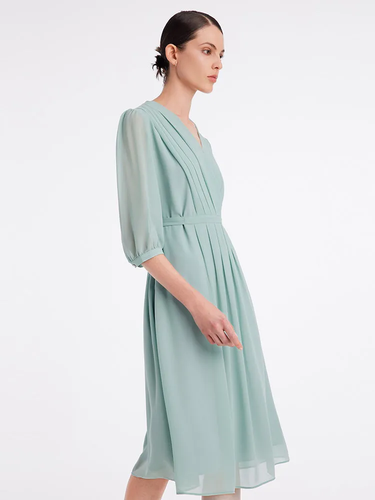 V-Neck Pleated Lace Up Wrap Midi Dress