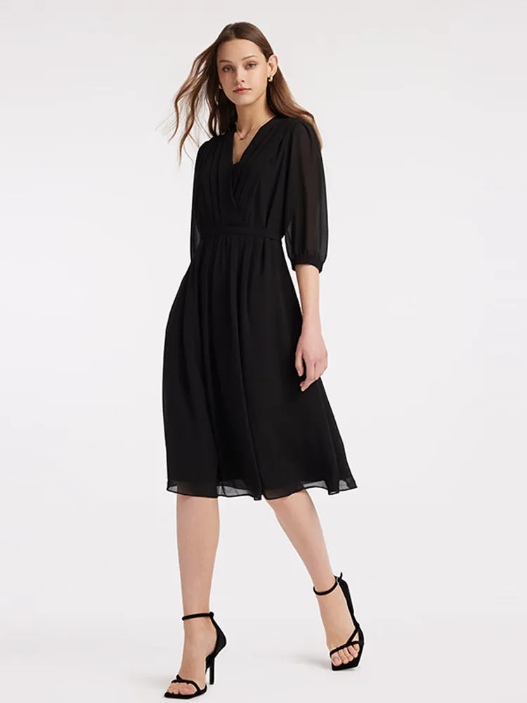 V-Neck Pleated Lace Up Wrap Midi Dress