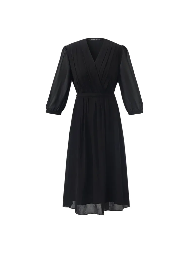 V-Neck Pleated Lace Up Wrap Midi Dress