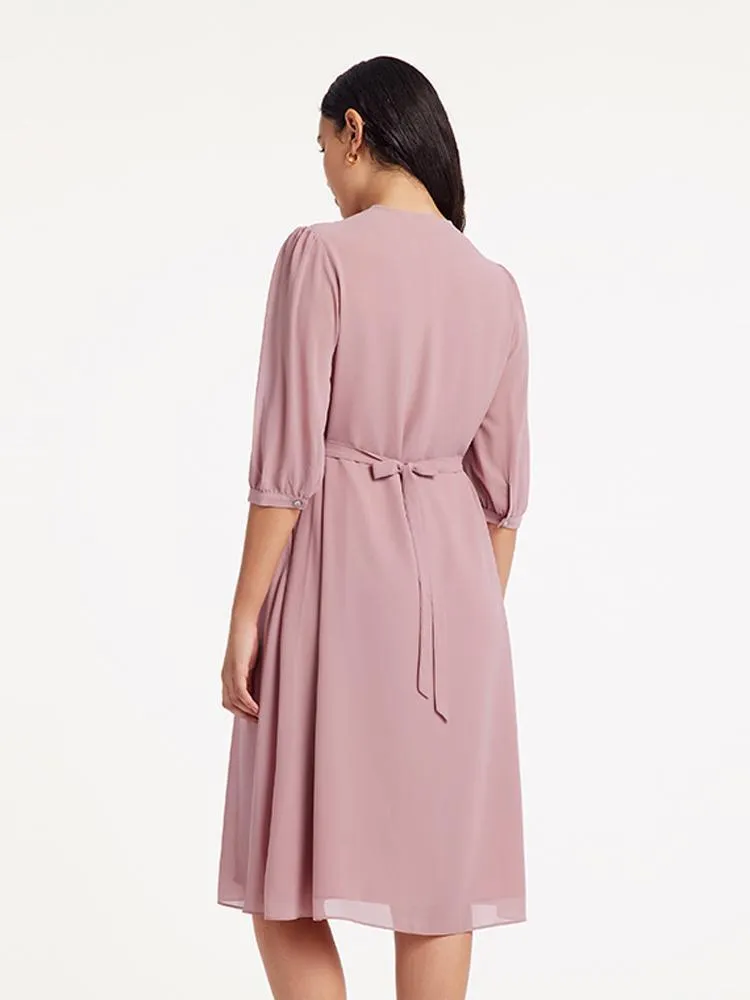 V-Neck Pleated Lace Up Wrap Midi Dress