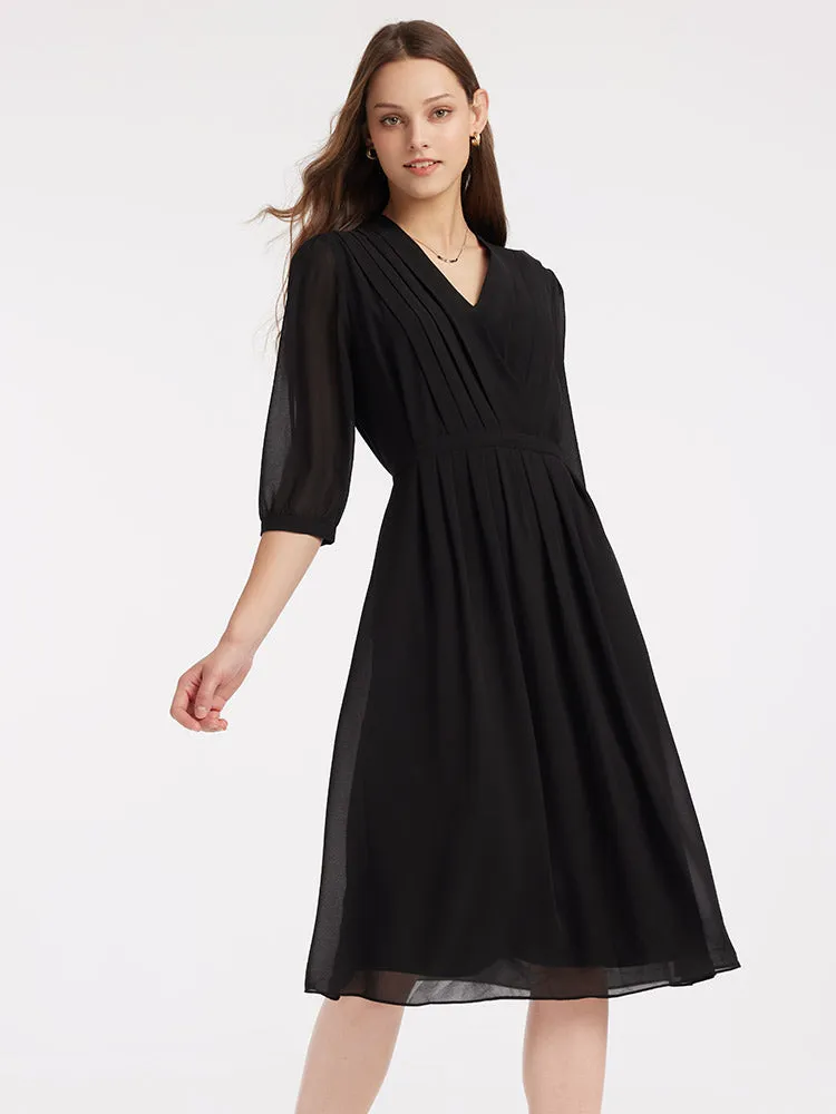 V-Neck Pleated Lace Up Wrap Midi Dress