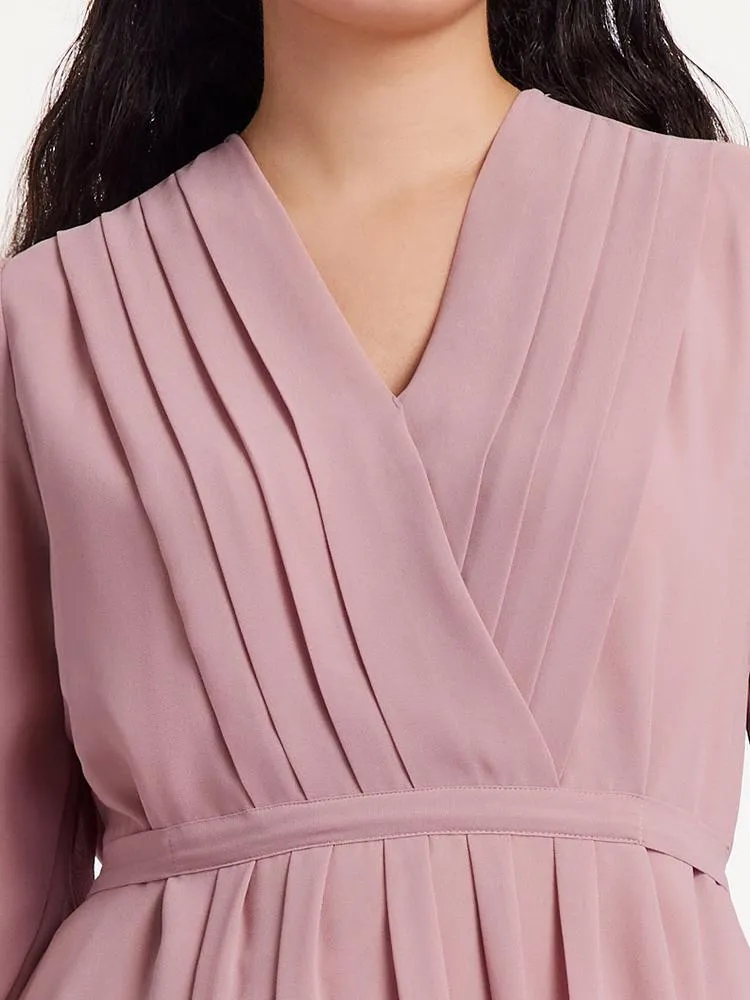 V-Neck Pleated Lace Up Wrap Midi Dress
