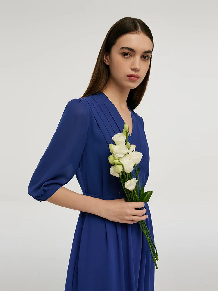 V-Neck Pleated Lace Up Wrap Midi Dress