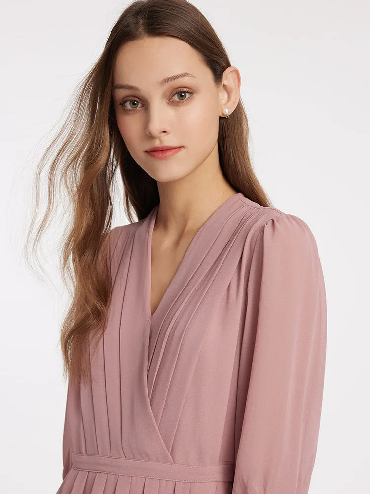 V-Neck Pleated Lace Up Wrap Midi Dress