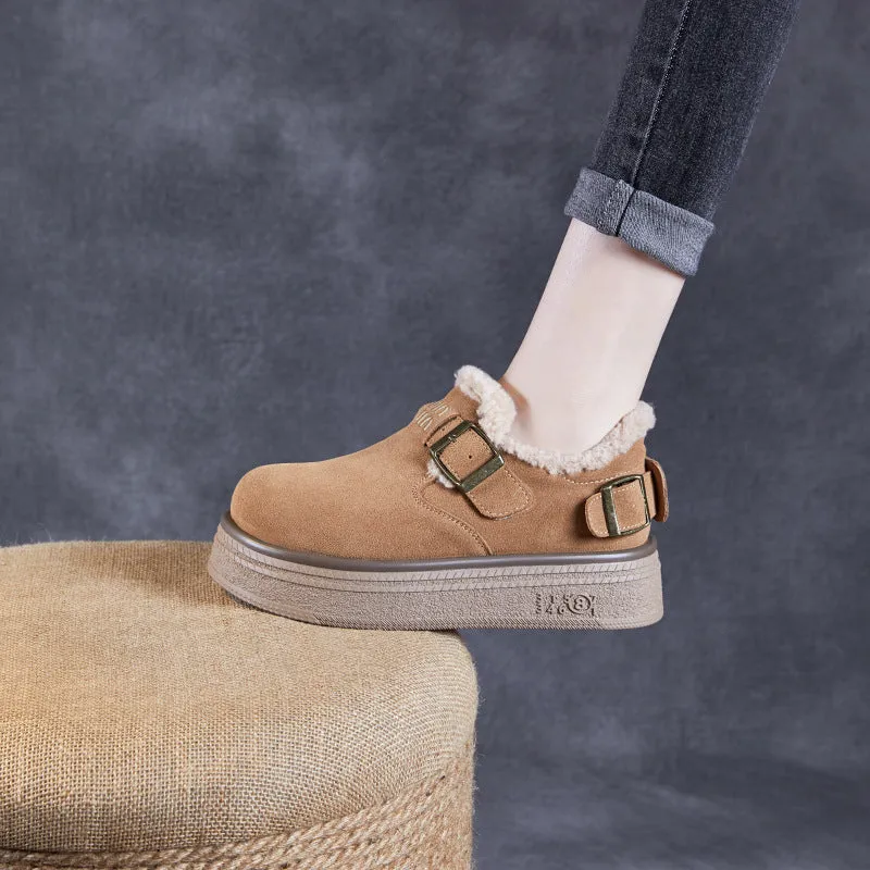 Women Retro Solid Leather Furred Casual Shoes