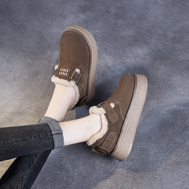 Women Retro Solid Leather Furred Casual Shoes