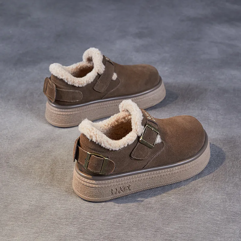 Women Retro Solid Leather Furred Casual Shoes