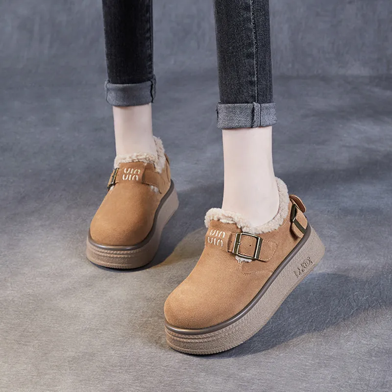 Women Retro Solid Leather Furred Casual Shoes