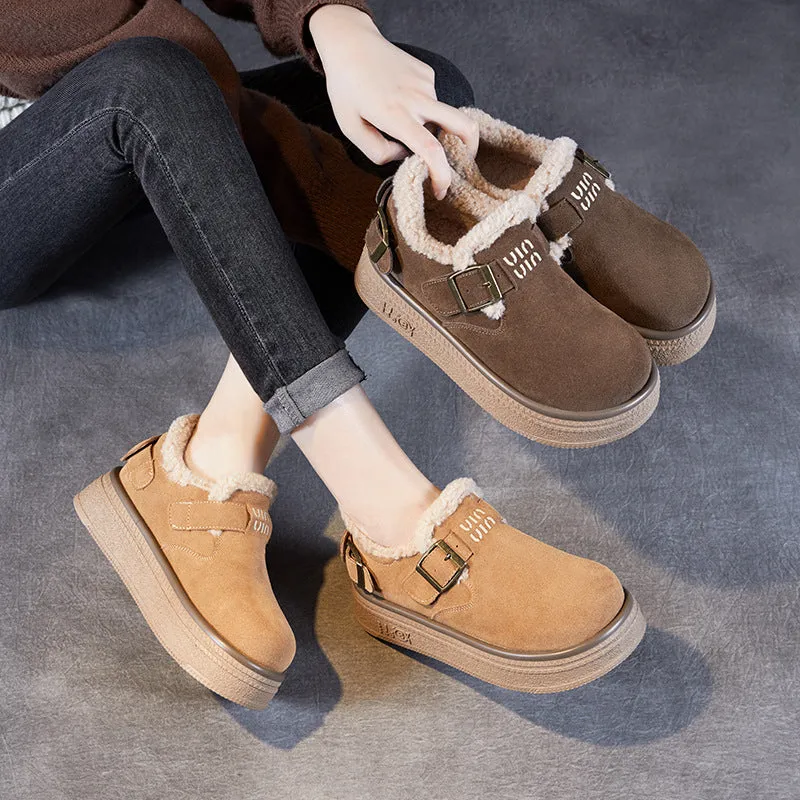 Women Retro Solid Leather Furred Casual Shoes