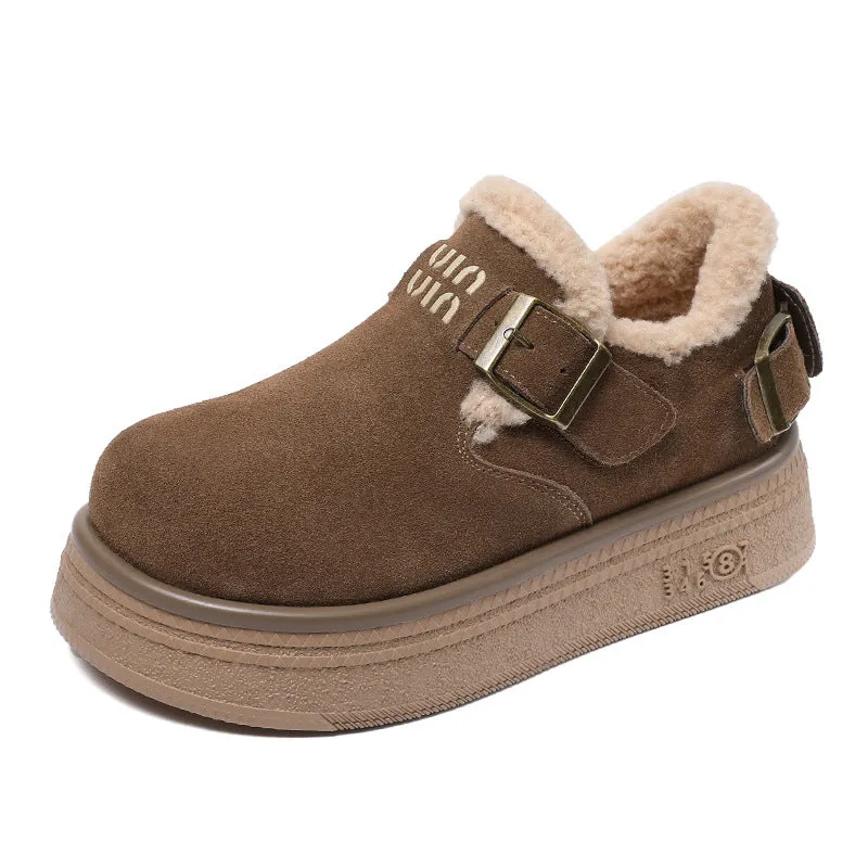 Women Retro Solid Leather Furred Casual Shoes