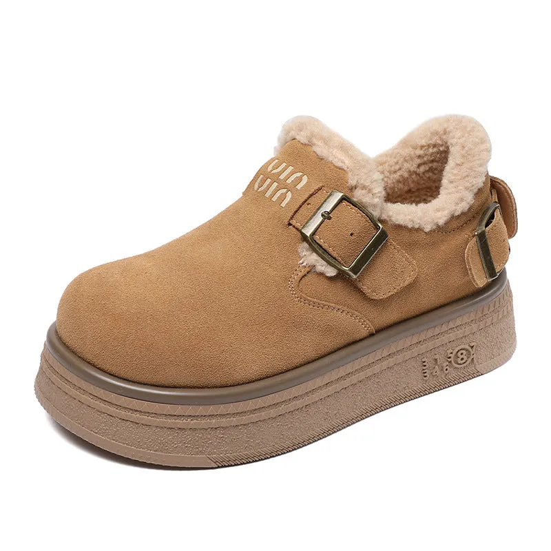 Women Retro Solid Leather Furred Casual Shoes