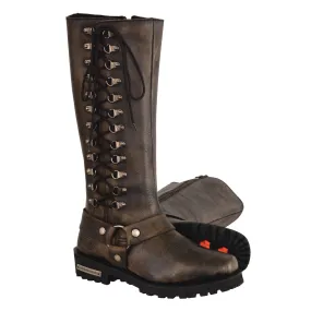 Women’s Distressed Brown “14”Inch Classic Harness Square Toe Leather Boot w/ Full Lacing Women’s Distressed Brown “14”Inch Classic Harness Square Toe Leather Boot w/ Full Lacing